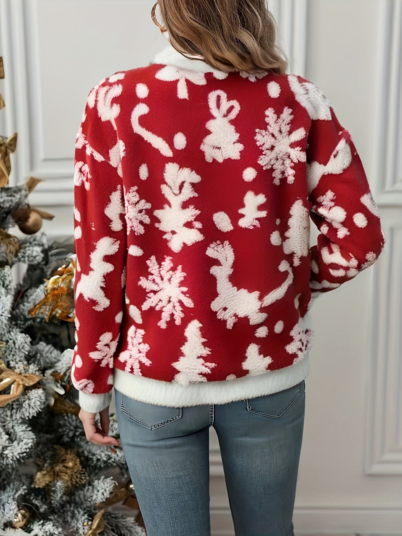 Women's Elegant Red & White Christmas Jacket with Snowflake & Reindeer Print - Winter Coat, Zipper Closure, Full-Zip Outerwear (No), Machine Washable Holiday Party Coat for Xmas, New Year's Events & Casual Wear, Winter Jacket