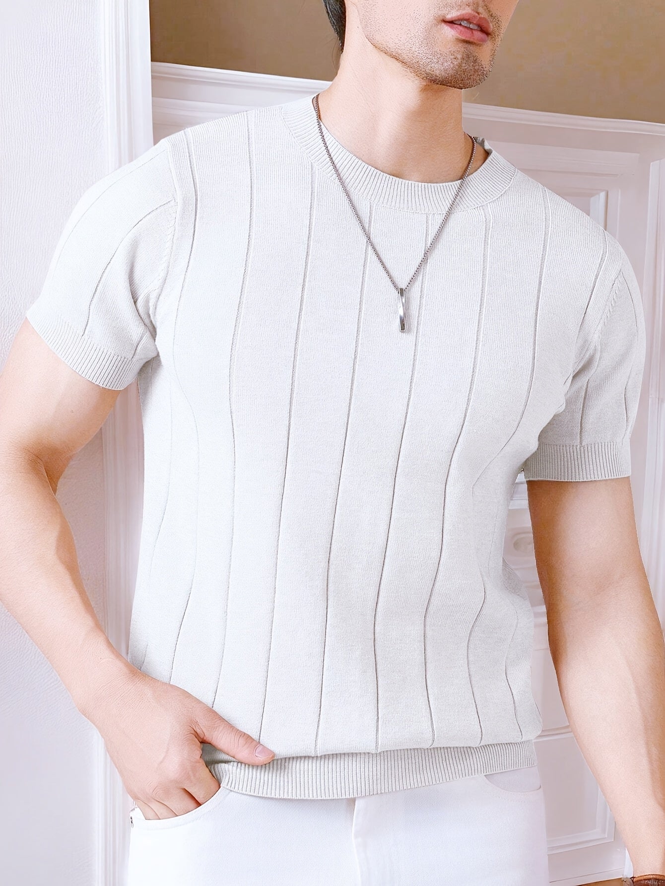 New Summer Short-Sleeve Knitted Men's Light Luxury Crew Neck Slim Fit Business Cool Y T-Shirt, Lightweight, Breathable, Versatile, Stretchy, Slim Fit Top for Men - ayq