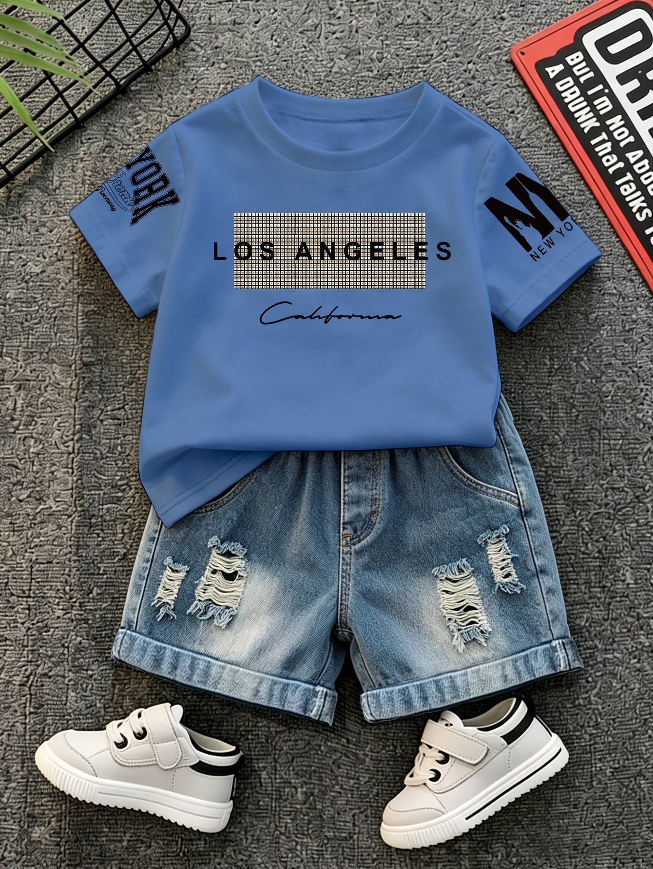 Summer Boys Los Angeles Print T-Shirt & Distressed Shorts Set