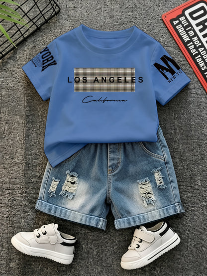Summer Boys Los Angeles Print T-Shirt & Distressed Shorts Set