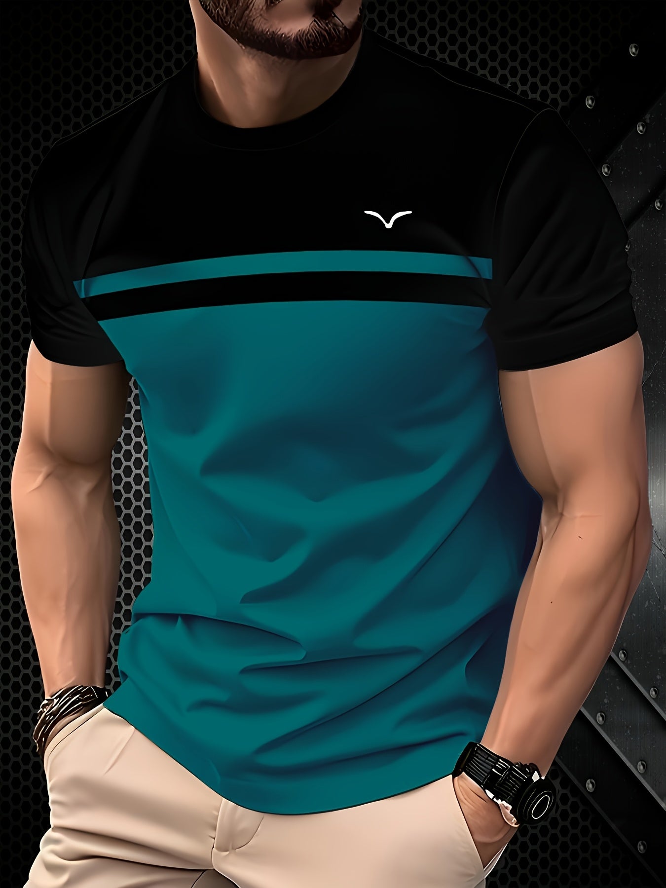 [Casual Chic] Men'S Casual Color Block T-Shirt - Short Sleeve, Round Neck, 3D Print, Lightweight 150g/㎡ Polyester, Stylish Teal  Black Stripe Design for Casual Attire, Versatile Tshirt   Modern Casualwear   3D Print Shirt,