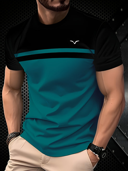 [Casual Chic] Men'S Casual Color Block T-Shirt - Short Sleeve, Round Neck, 3D Print, Lightweight 150g/㎡ Polyester, Stylish Teal  Black Stripe Design for Casual Attire, Versatile Tshirt   Modern Casualwear   3D Print Shirt,