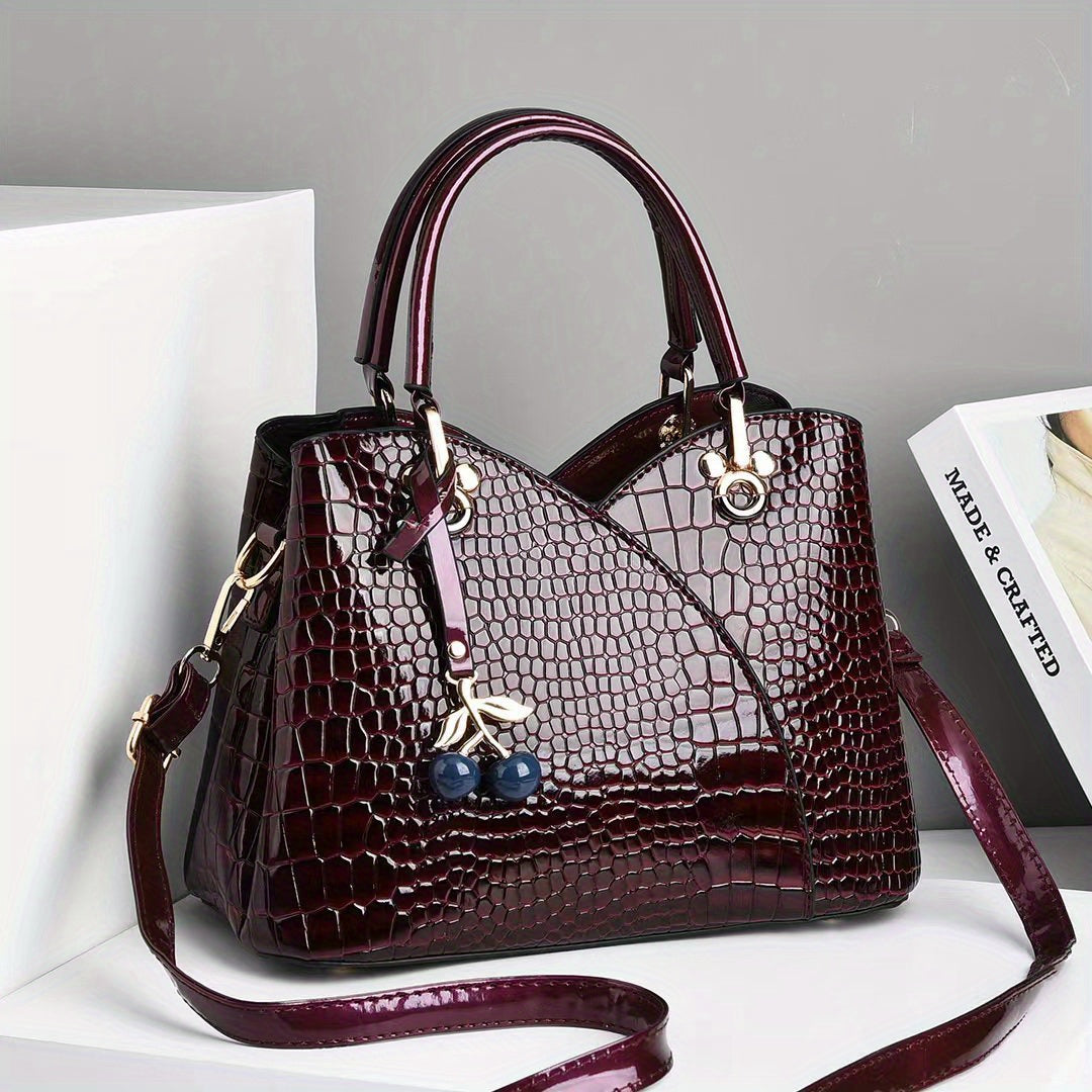 2022 Newest Trendy Women'S Faux Crocodile-Texture Handbag with Cherry Pendant - Stylish Black And Red Shoulder And Handbag, Zip Closure, Polyester Lining, Edge Paint Detail, Handbag|Chic Handbag|Zippered Bag