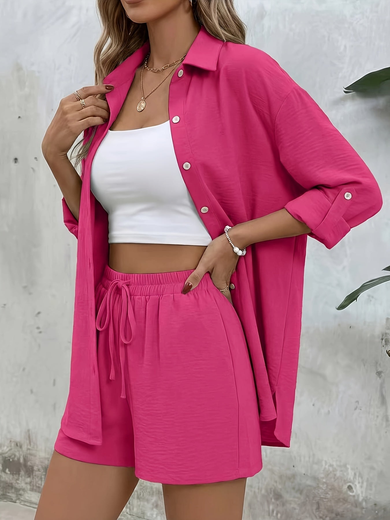 Women's Casual Long-Sleeve Shirt & High-Waist Shorts Set for Spring/Su