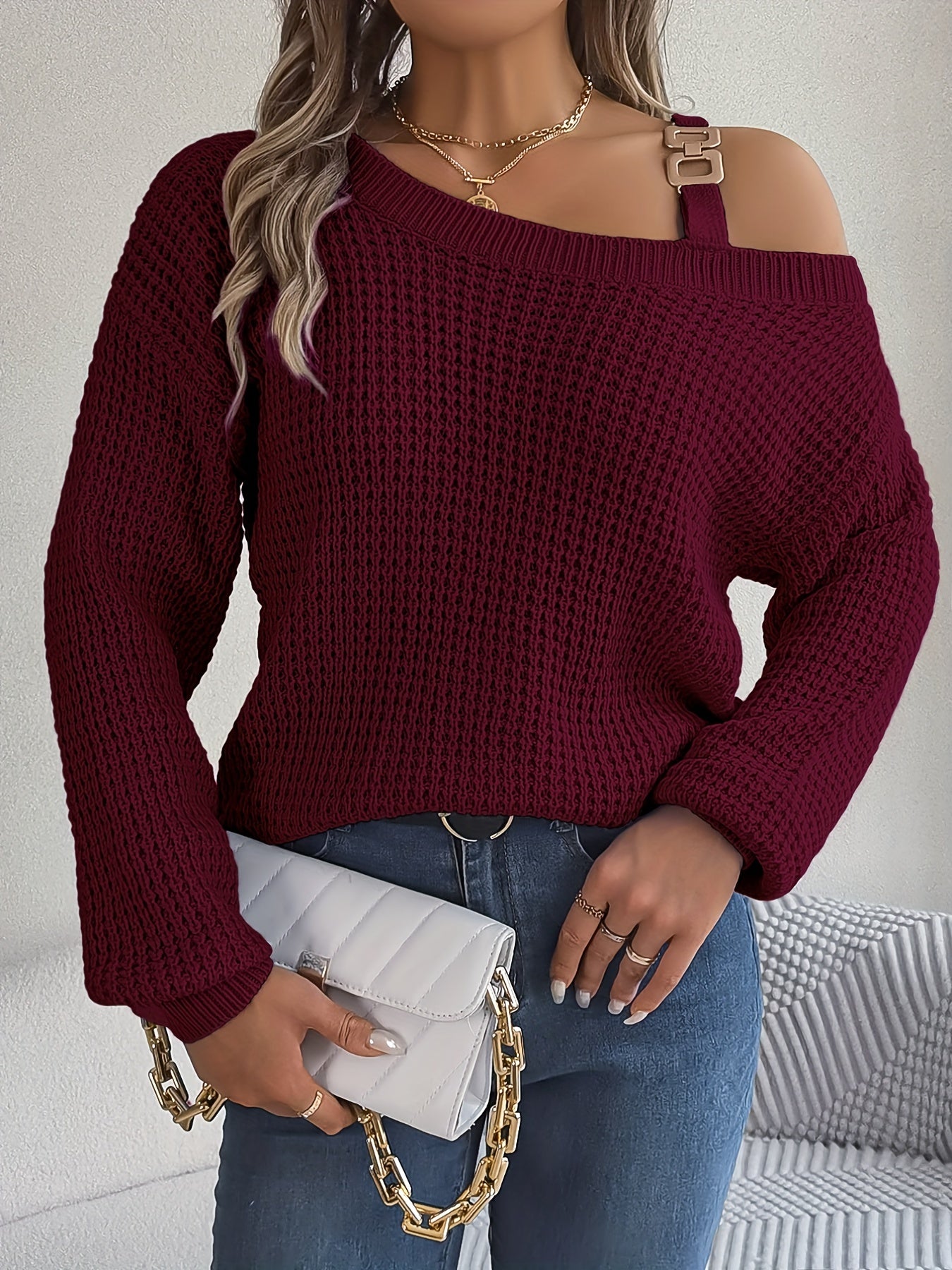 Casual And Versatile Long-Sleeve Sweater with Shoulder Cutouts And Metal Buttons for Autumn And Winter.