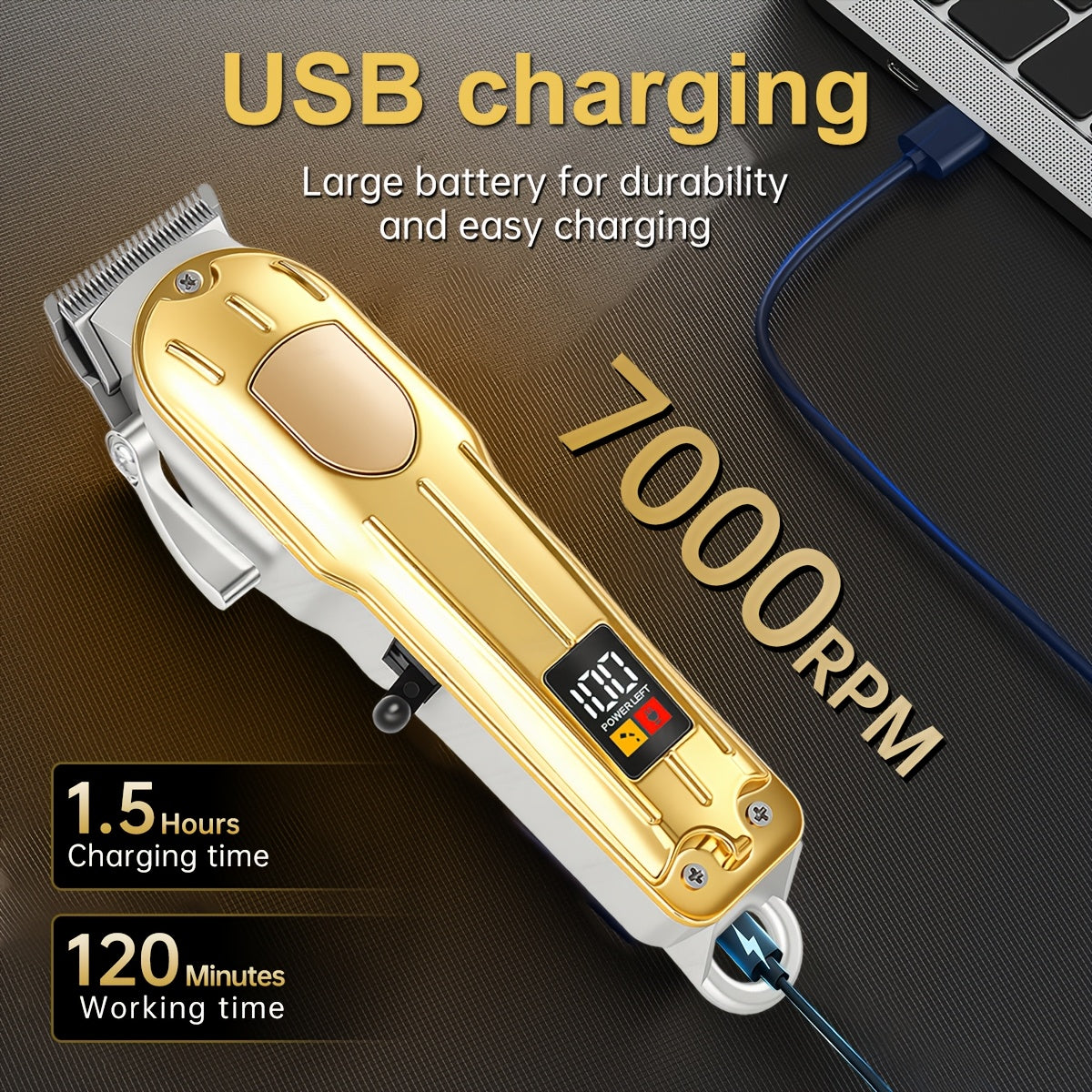 One Piece of a Golden Electric Hair Clipper for Men, Featuring a Professional-Grade Design with an Adjustable Serrated Blade, Four Comb Attachments of Varying Sizes, USB Charging Capability - ayq