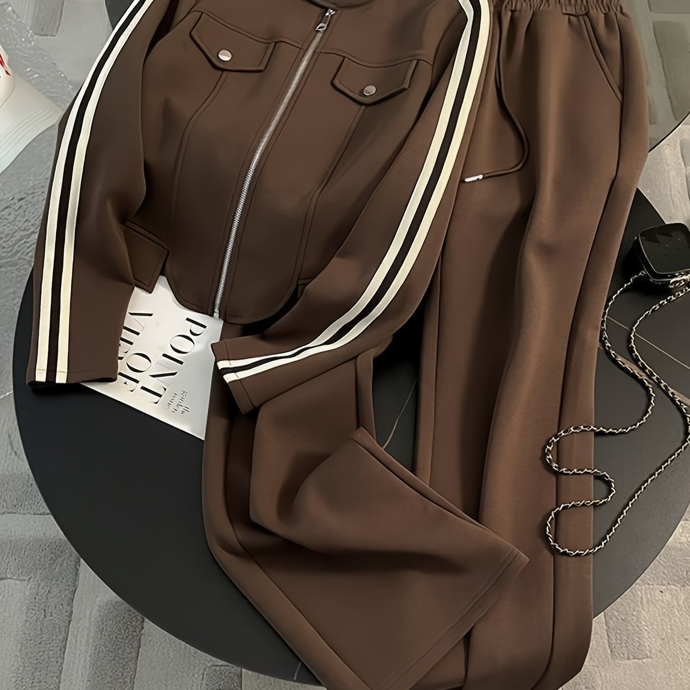 2026 Spring And Autumn Stylish And Chic Melard High-End Casual Outfit, Women'S Trendy Cool Striped Work-Style Zip-Up Jacket with Drawstring Elastic Waist, Street-Style Two-Piece Set, Versatile Commuting Outfit, Women'S Pants