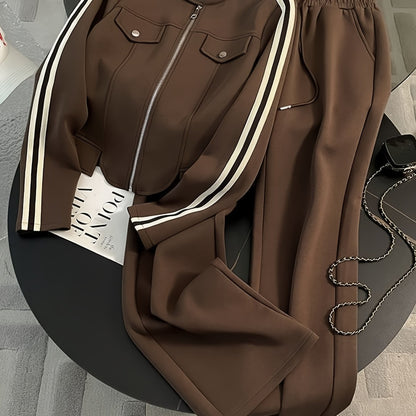 2026 Spring And Autumn Stylish And Chic Melard High-End Casual Outfit, Women'S Trendy Cool Striped Work-Style Zip-Up Jacket with Drawstring Elastic Waist, Street-Style Two-Piece Set, Versatile Commuting Outfit, Women'S Pants