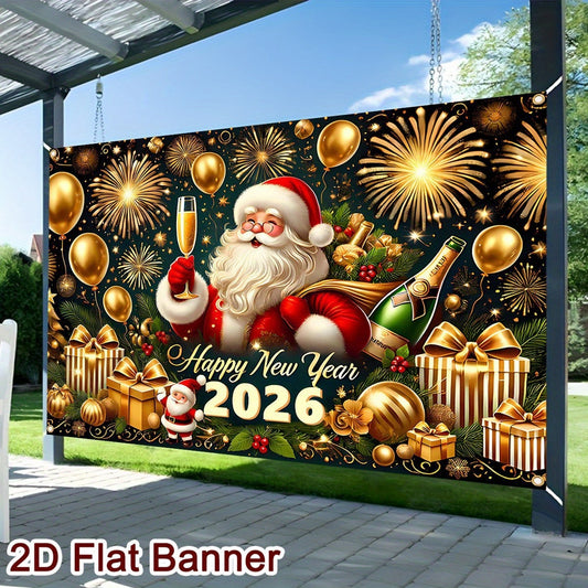 2D Flat, 1pc 2026 Happy New Year Banner - Golden Fireworks & Wine Bottle Design, 150x100cm Polyester Backdrop, Festive Christmas & New Year Decor for Indoor/Outdoor Parties, Wall, Home - Noel Navidad, Christmas Decorations, C