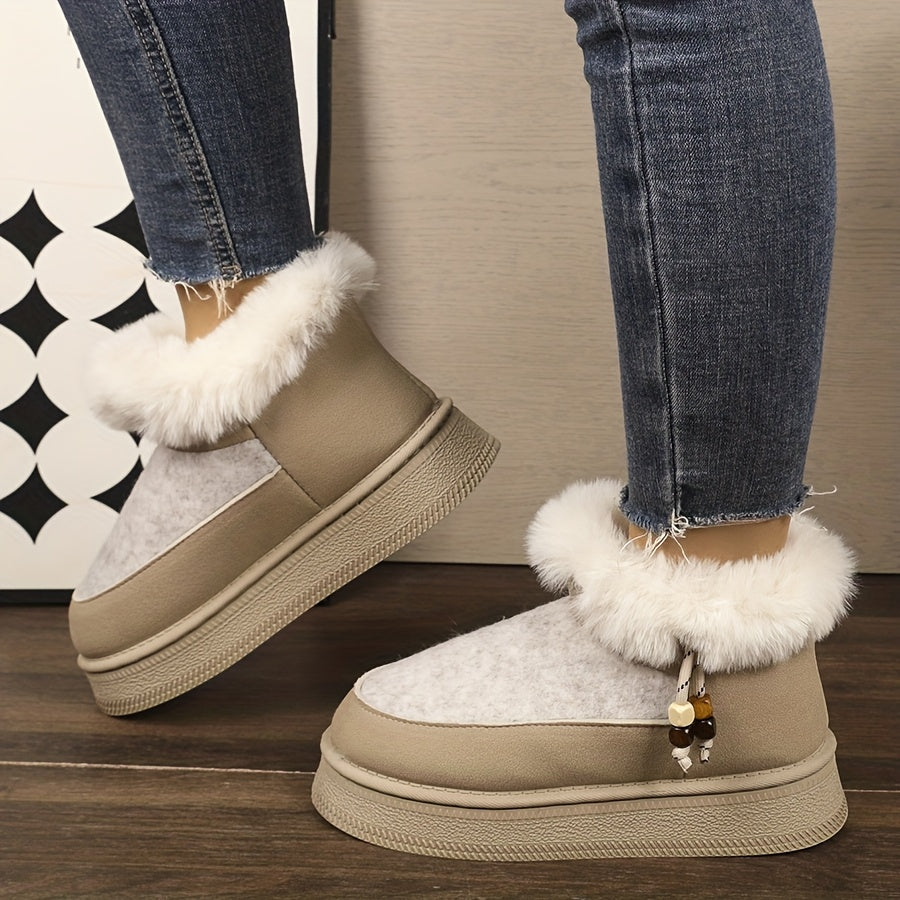 Women's Chunky Platform Winter Snow Boots with Plush Faux -Like Collar & Thick Rubber Sole - Beige/Dark Grey Round-Toe Traction for Ice, Snow, Slush - Cozy Casual & Formal Wear (Golden Buckle Accent)