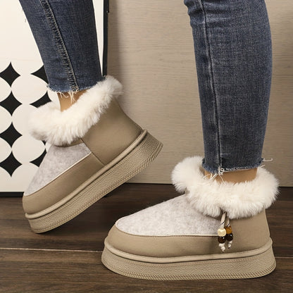 Women's Chunky Platform Winter Snow Boots with Plush Faux -Like Collar & Thick Rubber Sole - Beige/Dark Grey Round-Toe Traction for Ice, Snow, Slush - Cozy Casual & Formal Wear (Golden Buckle Accent)