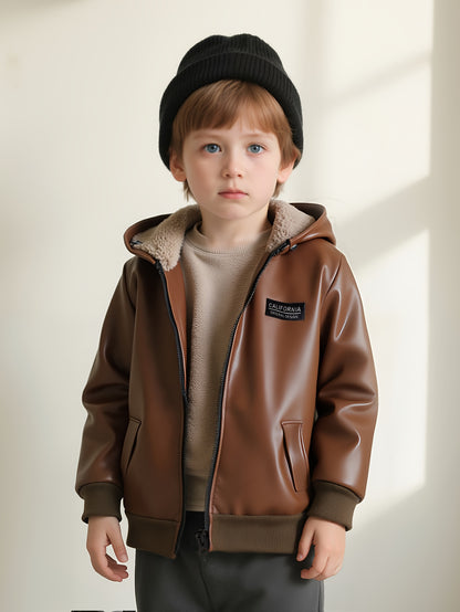 Boys' Fleece Lined PU Leather Jacket Warm Hooded Coat
