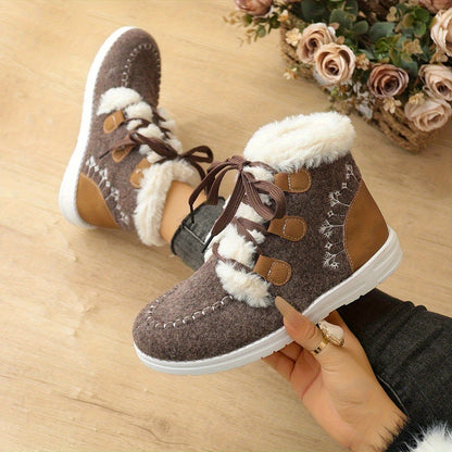 New Autumn-Winter Plush Lace-Up High Top Women's Snow Boots, Fashionable Warm Short Ankle Shoes, Trendy Versatile Comfortable Thermal Low Cut Winter Footwear