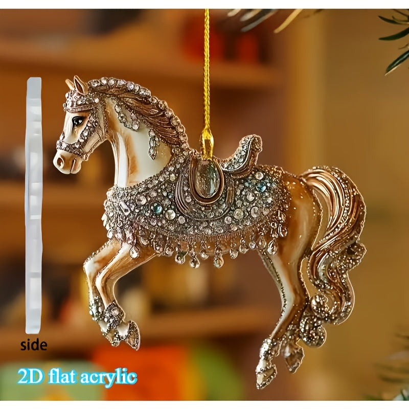 2D Flat, Elegant Golden Horseshoe Pendant - 2D Flat Acrylic Christmas Tree Ornament, Hanging Decoration for Home, Office, Car Interior - No Electricity Needed, Perfect Holiday Gift For Christmas, Halloween, Thanksgiving, New