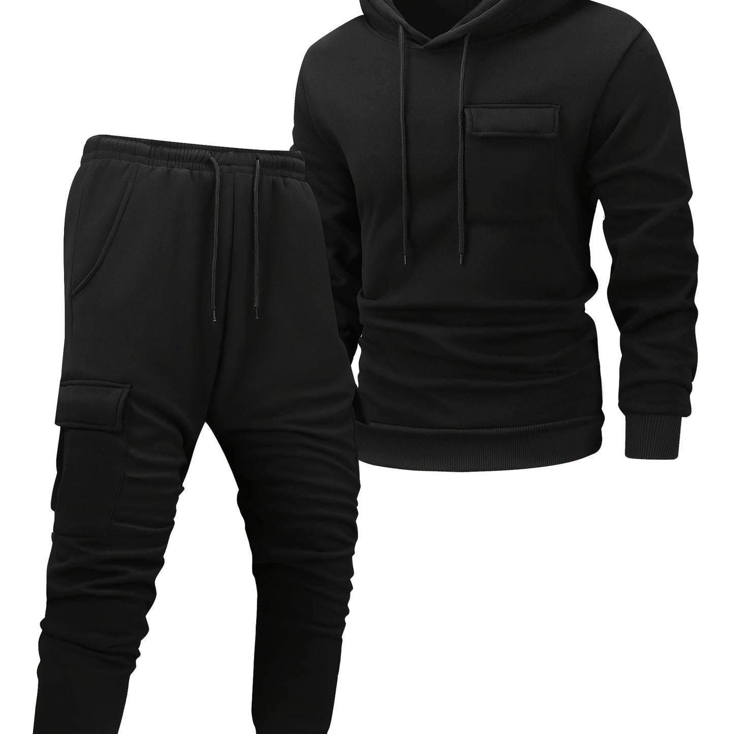 Men'S Casual Hooded Tracksuit Set - Polyester Knit, Solid Color with Pockets, All-Season Sportswear, Includes Jacket and Joggers, Casual Wear|Sporty Design|Polyester Fabric