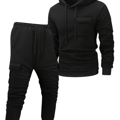 Men'S Casual Hooded Tracksuit Set - Polyester Knit, Solid Color with Pockets, All-Season Sportswear, Includes Jacket and Joggers, Casual Wear|Sporty Design|Polyester Fabric