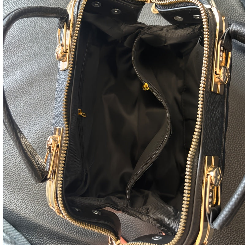 Black Quilted Boston Bag with Golden-Tone Hardware & Adjustable Strap - Elegant Heart Rhinestone Charm, Pattern, and Stylish Stud Details for Wo