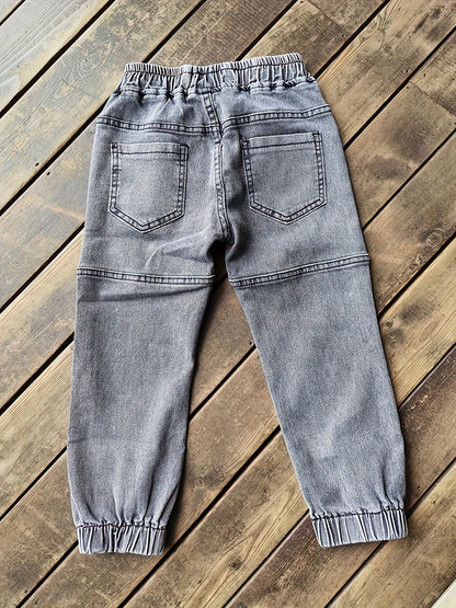 Boys' Casual Ribbed Cuff Denim Jeans with Alphabet Pattern