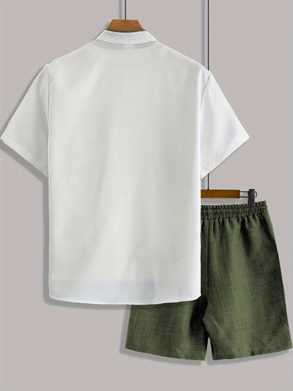 Men'S Casual Solid Color Two-Tone Suit with Stand Collar, Three-Color Imitation Linen, Exquisite Button, Double Short, Solid Color Set