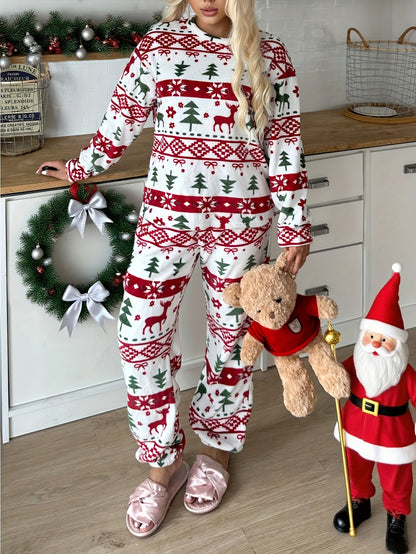 Women'S Christmas Pattern Pajama Set | Comfortable Long-Sleeve Home Wear for Fall/Winter, Crew Neck