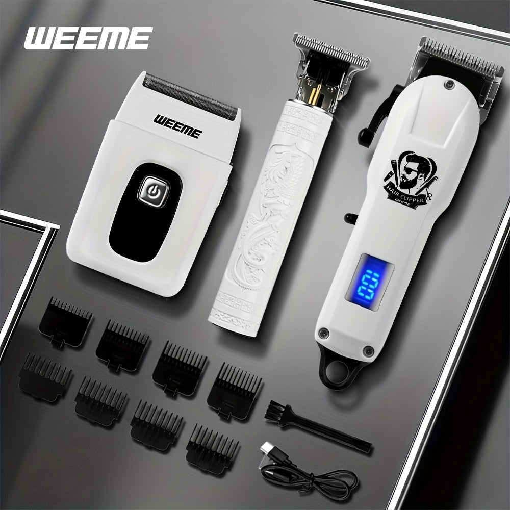 WEEME 3pcs/1Set Men'S Hair Clipper, USB Rechargeable Electric Hair Clipper & Shaver Set with Digital Display, Cordless Hair Trimmer for Home & Salon Use, Perfect Grooming Gift for Men with Smooth Blade, USB Charging, Lithium - ayq