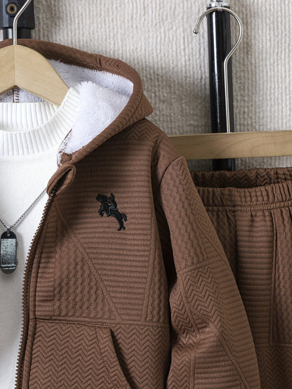 2pcs Boys' Casual Outfit Set, Long Sleeve Hooded Jacket with Embroidery and Zipper, Geometric Pattern Knit Pants, Polyester with Spandex Lining, Regular Fit for Autumn/Winter, for Outdoor
