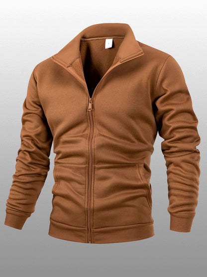 Men's Stand Collar Zip-Up Solid Color Fleece Jacket Long Sleeve Casual Sport Hoodless Coat with Large Side Pockets, Suitable for Daily Wear, Outdoor Activities, Hiking