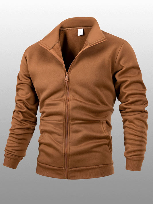 Men's Stand Collar Zip-Up Solid Color Fleece Jacket Long Sleeve Casual Sport Hoodless Coat with Large Side Pockets, Suitable for Daily Wear, Outdoor Activities, Hiking