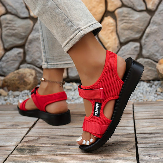 Women's Breathable Mesh Slip-On Sandals - Comfortable Open-Toe Flat Shoes with Cross Straps, Black/Brown or Red/Black Lightweight Summer Shoes for Indoor and Outdoor Wear, Lace-Up Beach Letter Solid Color Placement Print Casu