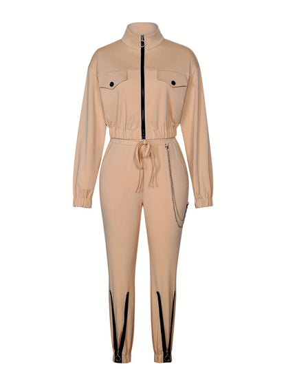 Cross-Border Women'S Two-Piece Set with Zip Long-Sleeve Top And Pants Featuring a Patchwork Zip Design, Casual Outfit