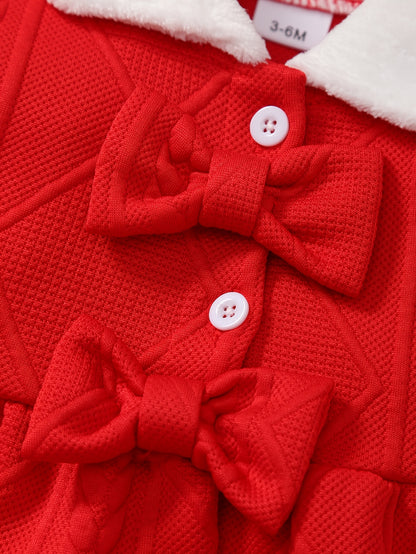 1pc New Style Single-Breasted Bowknot White Collar Dress for Girls, Red Christmas and New Year Baby Outfit