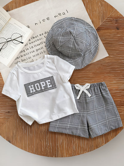 Boys' Summer Casual Shorts Set with Alphabet Tee and Hat