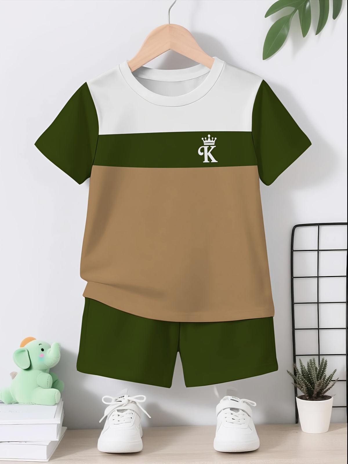 Boys' Casual Summer Short Set with Crown Letter K Print