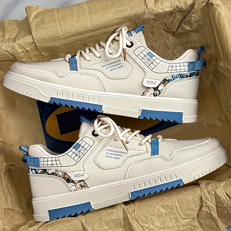 Men's Skate Shoes with Good Grip  Breathable Design - PU Upper, Cushioned PVC Sole, Black/Blue Letter Pattern Lace-Up Sneakers for All-Season Casual  Sports Wear, Allseason Shoes   Modern Casual Shoes   Comfortable Wear