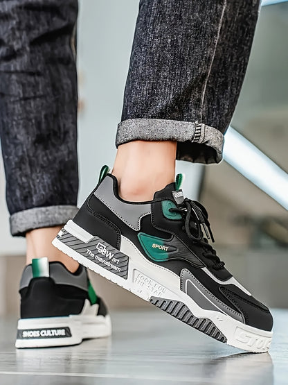 Men's Low-Top Skate Sneakers - Black with Teal Accents, PU Upper  PVC Sole, Slip-Resistant Comfortable Lace-Up Shoes for Urban Streetwear, Outdoor Sports, All-Season Casual Wear, Skate Shoes, Modern Street Style, Durable Fab