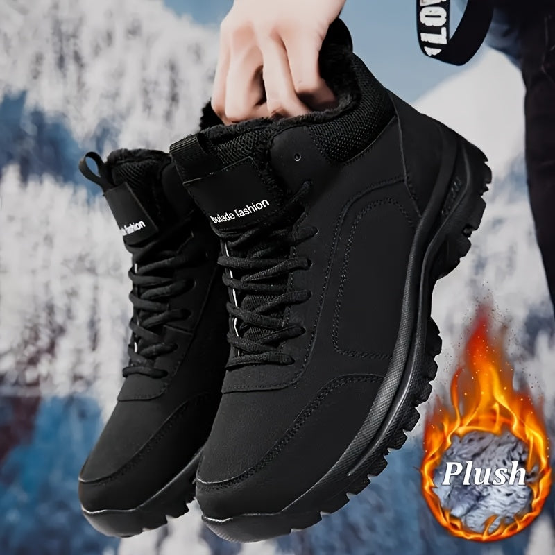 Men'S Mid-Top Winter Snow Boots - Lightweight, Non-Slip, Warm Plush Lining, Durable MD Sole, Black Workwear & Street Style for Outdoor Sports, Hiking, and Daily Leisure, Winter Boots, Hiking Footwear, Sleek Boot Design, Flexi