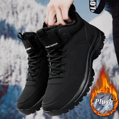 Men'S Mid-Top Winter Snow Boots - Lightweight, Non-Slip, Warm Plush Lining, Durable MD Sole, Black Workwear & Street Style for Outdoor Sports, Hiking, and Daily Leisure, Winter Boots, Hiking Footwear, Sleek Boot Design, Flexi