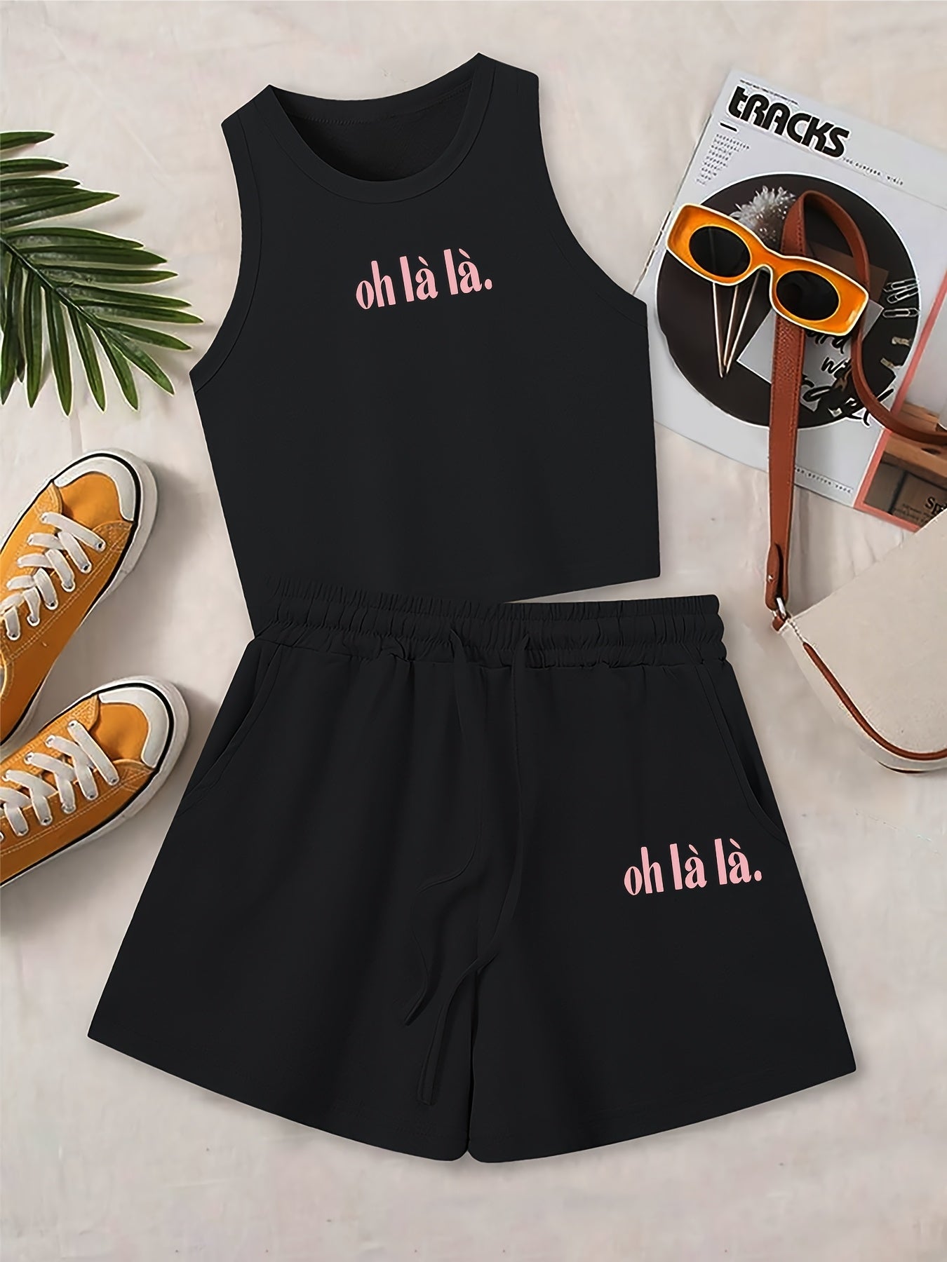 Women's Casual Two-Piece Set with English Print and Wide Leg Pants