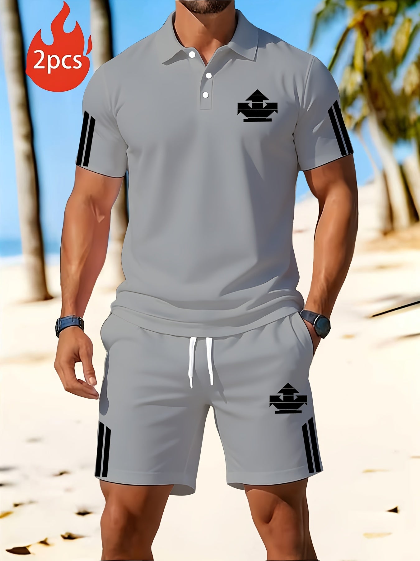 Men's Summer Polo Set with Print, Lightweight Casual Lapel Shirt & Sho