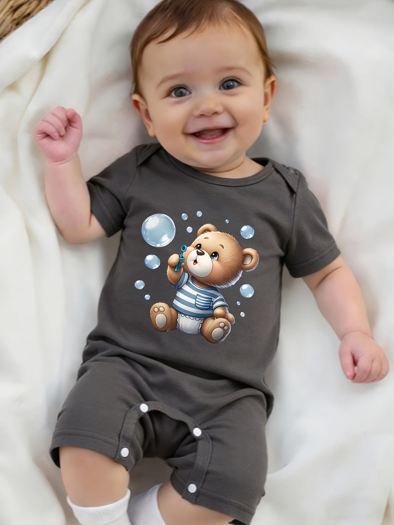 Soft Cotton Summer Baby Romper with Cute Bear Print