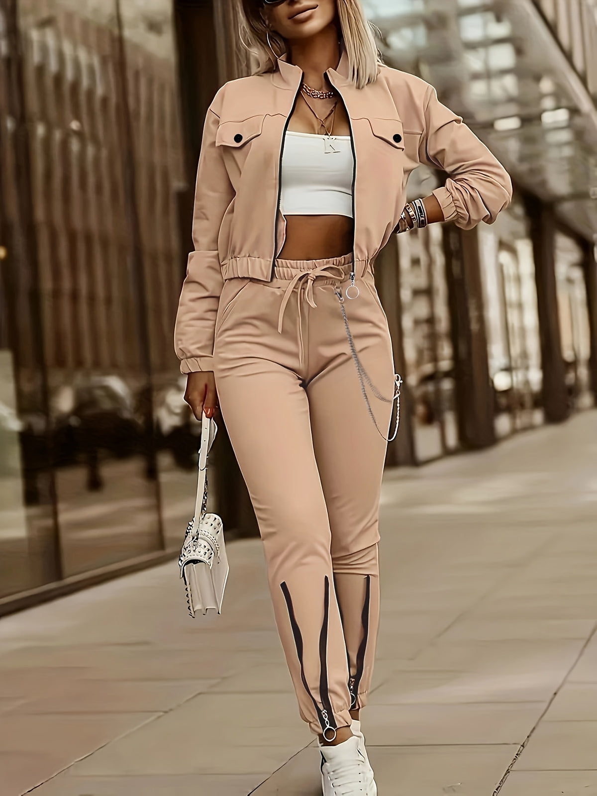 Women's Two-Piece Casual Set with Zipper Patchwork Detail - ayq