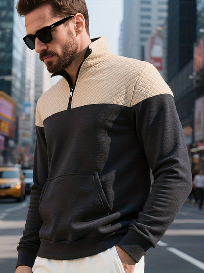 Men's Casual Half-Zip Color Block Sweatshirt with Kangaroo Pocket