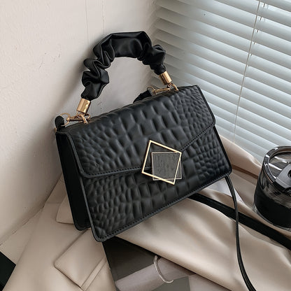 Trendy Crocodile Pattern Shoulder Bag, Top Ruched Handle Square Wallet for Women, Solid Color Textured Bag