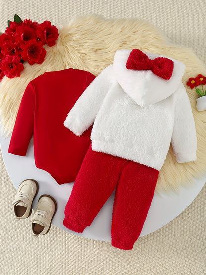 3pcs Girls' Winter Pants Set with Long Sleeve Bodysuit, Red Bow Decorated Zip-Up Hoodie + Casual Elastic Waist Pants, for Outdoor