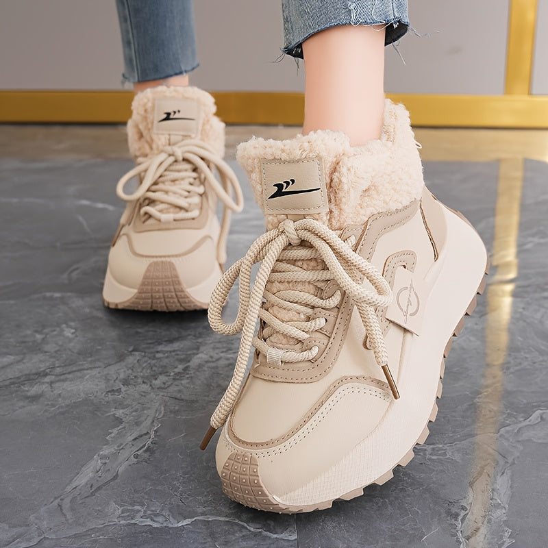Women'S Winter Snow Boots with Thick Cushioned PVC Sole for Height Increase - Slip-Resistant Traction, Synthetic Faux Leather Upper & Plush Lining, Beige/Black Colorway - All-Terrain Traction for Ice, Snow, and Casual Wear -