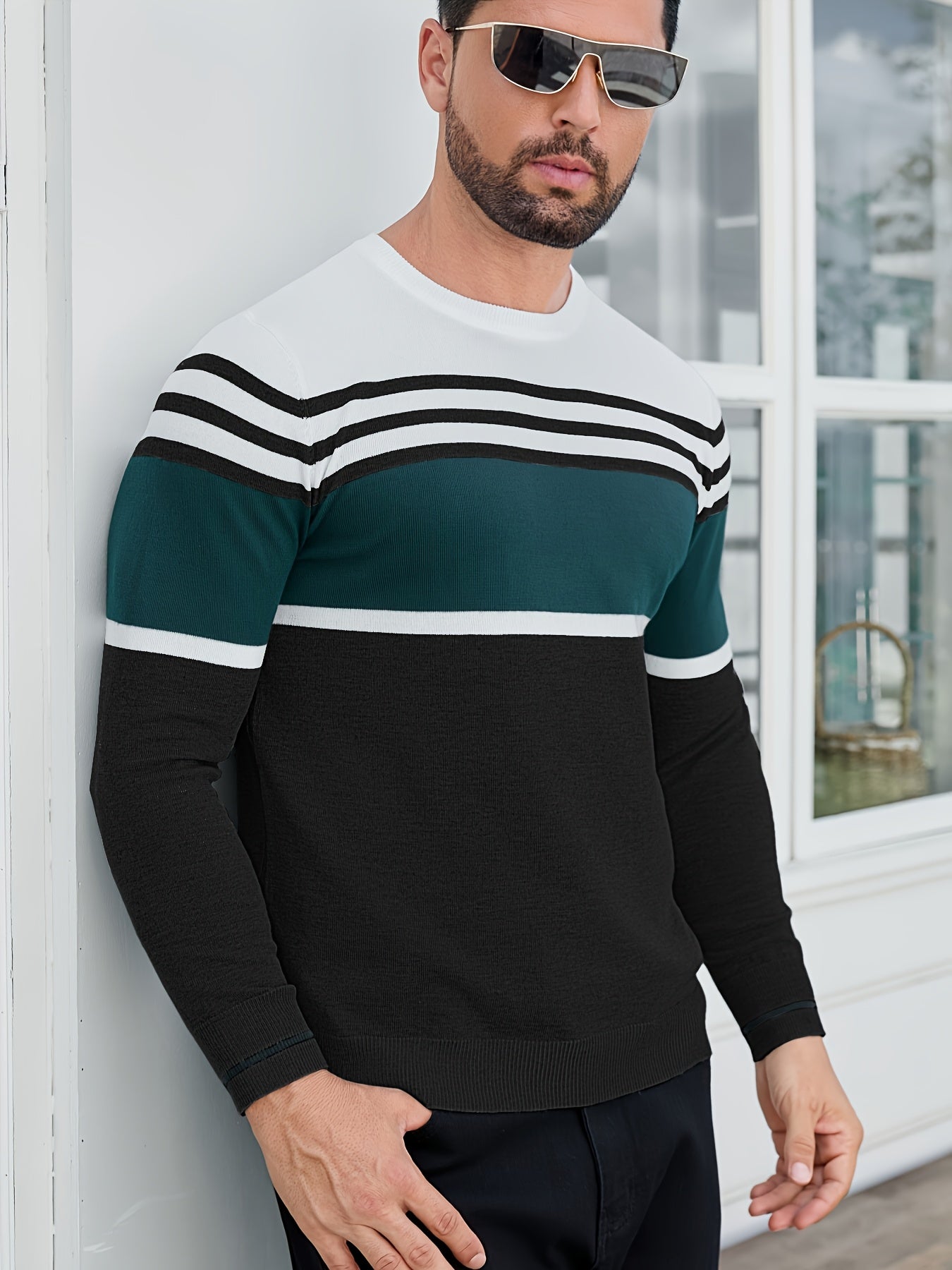 Men's Casual Comfort Knit Sweater, New Spring/Autumn Round Neck Base Layer Three-Stripe Contrast Color Pullover