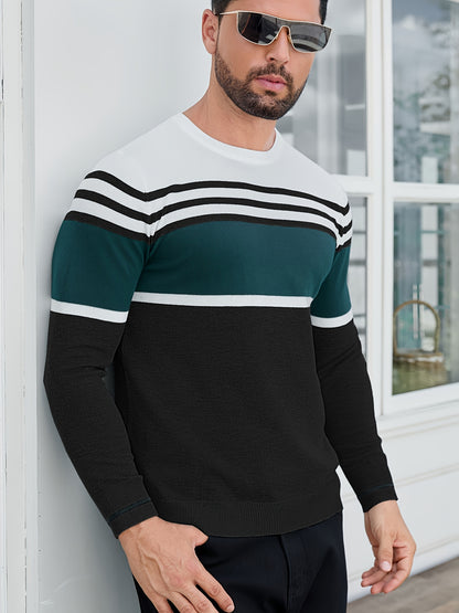 Men's Casual Comfort Knit Sweater, New Spring/Autumn Round Neck Base Layer Three-Stripe Contrast Color Pullover