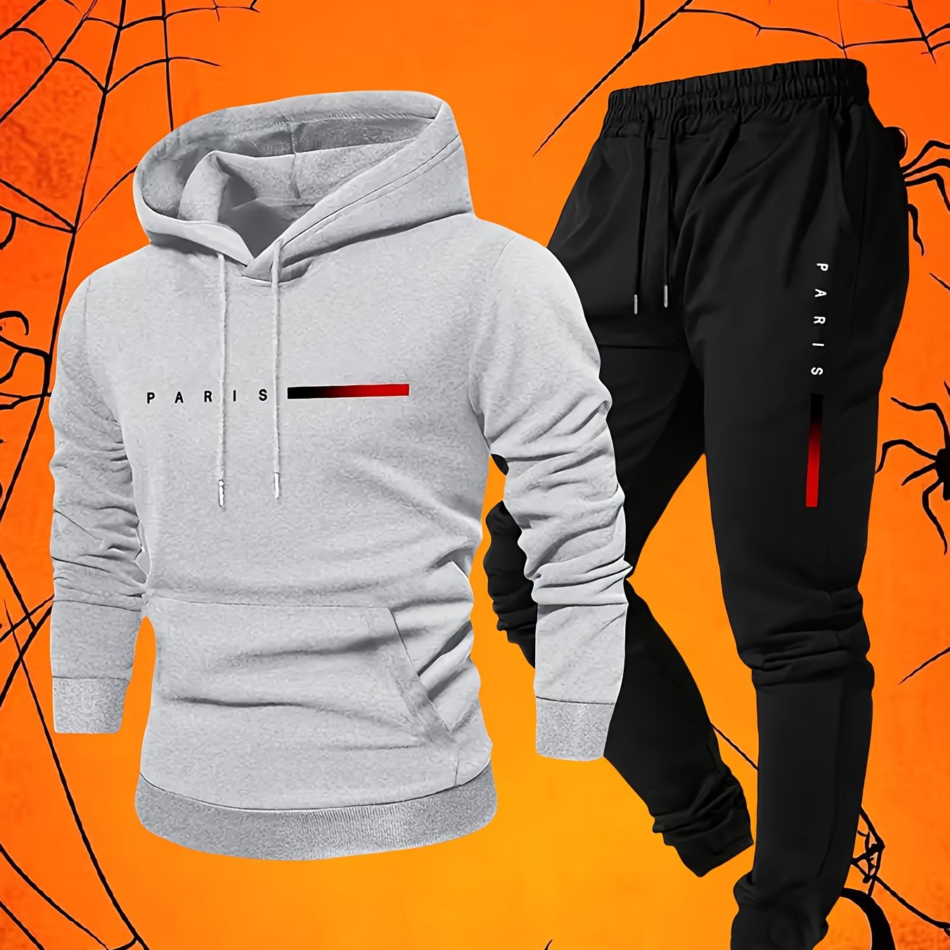 Halloween Men'S Hoodie with PARIS Lettering And Drawstring Sweatpants Set, a Must-Have Outfit for Autumn And Winter, Perfect for Everyday Outdoor Wear