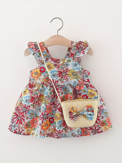Vintage Floral Sleeveless Baby Girl Dress and Bag Set 0-3 Years
