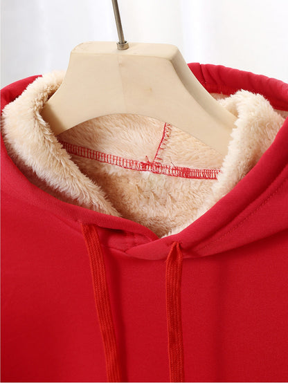 Women's Fleece-Lined Hooded Christmas Sweatshirt with Ho Ho Ho & Merry Christmas Print, Plush Fleece Jacket, Warm Winter Coat, Thick Polyester Outer Layer, Machine Washable Holiday Sweater for Xmas Parties & Winter Outfits, W